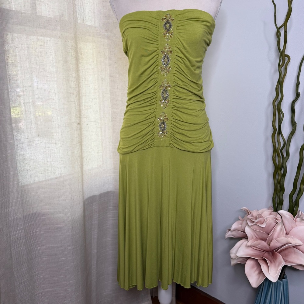 Y2K Vintage Newport News Strapless Ruched Beaded Midi Dress Lime Green Large